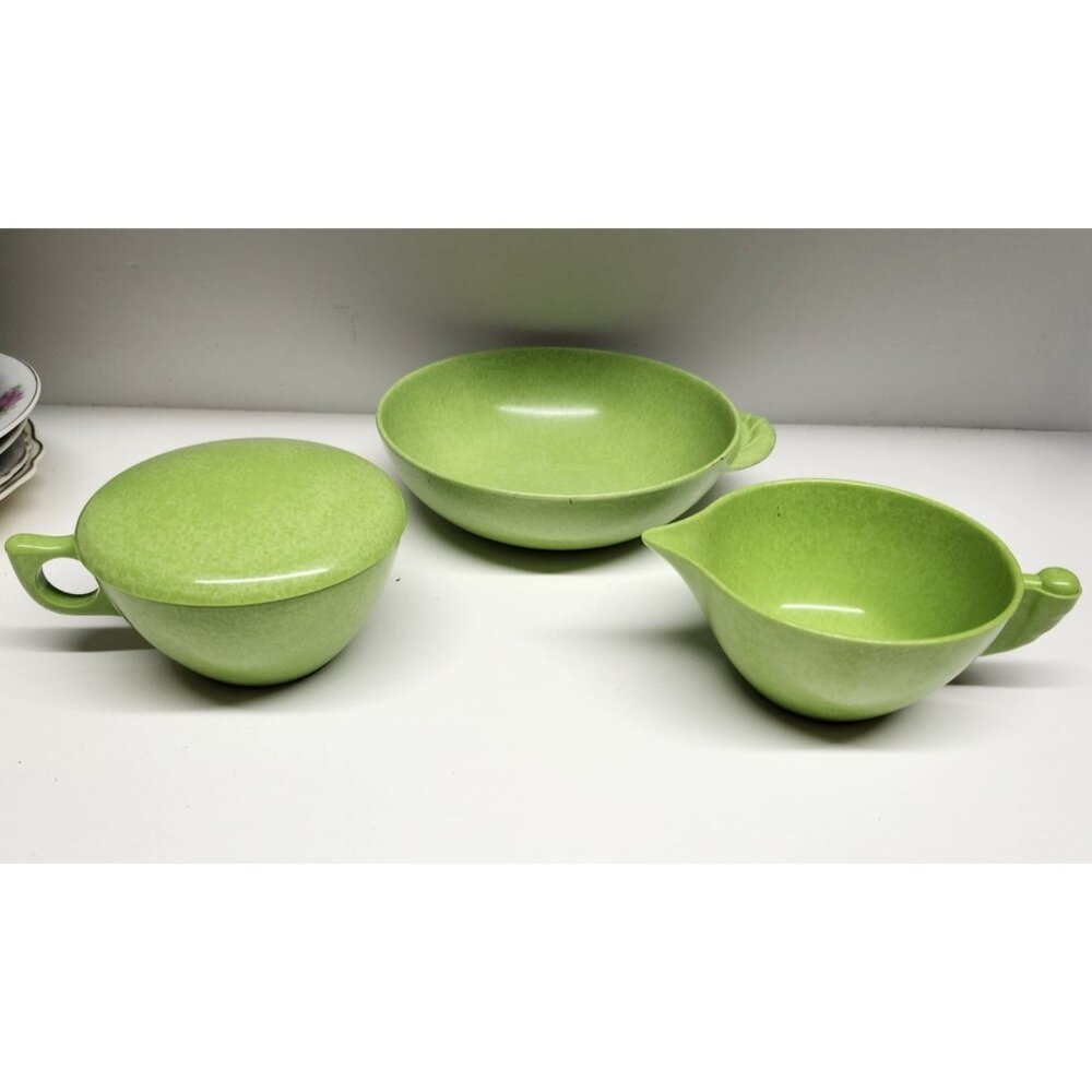 MCM Melmac Color Flyte by Branchell Lime Green Creamer Sugar Lid Bowl Vintage